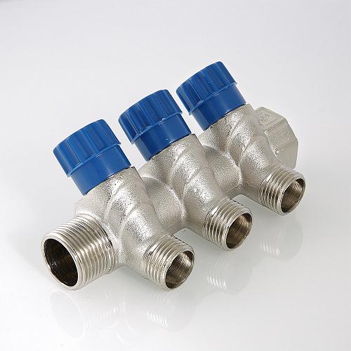 Valtec 3/4", 3 х 1/2" Коллектор 3 вых. с регулирующими вентилями и наружной резьбой (плоское уплотнение)