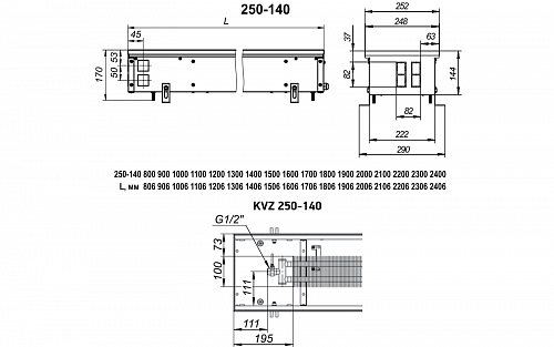 Techno Usual 250-140-1200 KVZ Внутрипольный конвектор с естественной конвекцией
